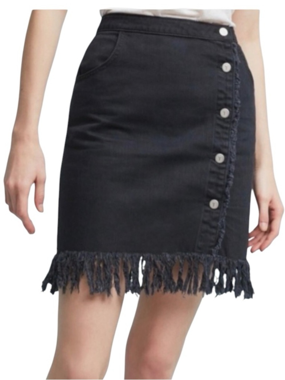 Anthropologie Pilcro and the Letterpress Black Fringe Denim Skirt 6 Button Front
